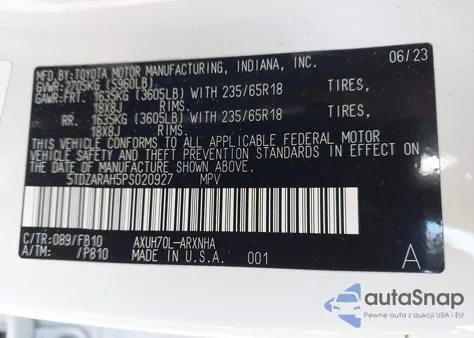 2023 Toyota Highlander Hybrid Le из США, поврежденный, VIN 5TDZARAH5PS020927